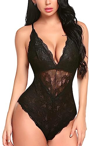 SamHeng Lace Bodysuit for Women Lingerie Deep V Neck See Through Bodysuit Clubwear Underwear Black | Womens Black Lace Bodysuit See Through Adjustable Strap Sexy Lingerie for Women Sets Ladies Teddy Babydolls Nightwear