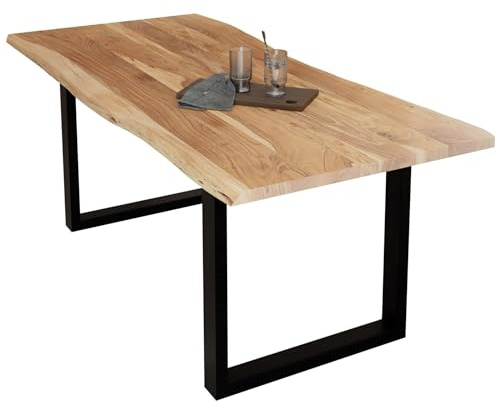 Liadomo Esstisch 180x90 Diala Natur, U-Gestell schwarz | Baumkante, Akazie Massivholz Tisch, 35 mm Tischplatte lackiert, Metallgestell, Robust & Pflegeleicht, bis zu 8 Personen