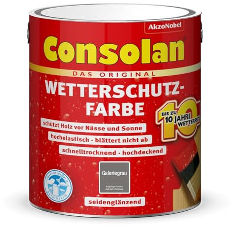 Consolan Wetterschutzfarbe, Deckender Holzschutz für Außen, Galeriegrau, 2,5L