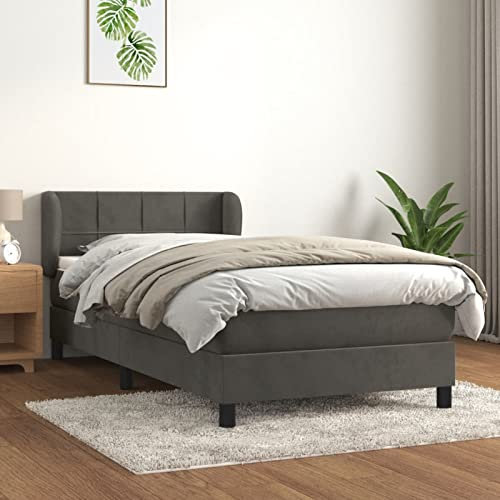 Homgoday Boxspringbett mit Matratze Doppelbett Einzelbett Bettgestell Polsterbett mit Lattenrost Schlafzimmerbett Gästebett Bett mit Kopfteil(Block mit Quadraten) Dunkelgrau 90x190 cm Samt
