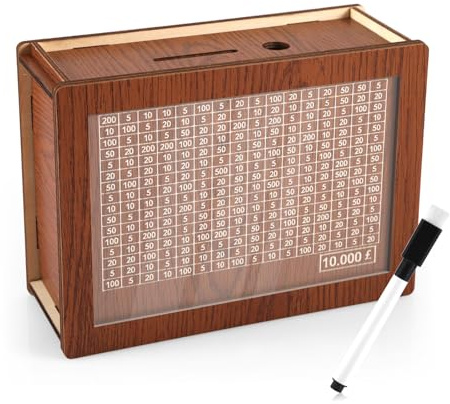 Cash Vault Wooden Savings Box, Money Box with Counter Money Vault for Cash Wood Piggy Banks Money Saver Challenge Tin for Coin Banknote Gift for Kids Adults(Dark Brown, £10,000)