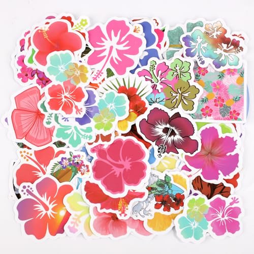 Hibiskus-Aufkleber, wasserdicht, ästhetisch, bunt, Blumenaufkleber, Vinyl, Scrapbooking, Aufkleber, Geschenk für Laptops, Wasserflaschen, Gitarren, Koffer, Erwachsene, Teenager, Kinder, 60 Stück