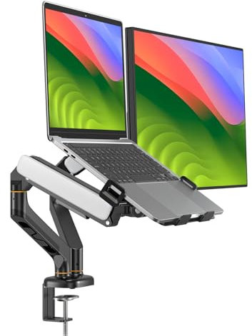 BEWISER Soporte de brazo doble para ordenador portátil de 13 a 32 pulgadas y 12,17 pulgadas con muelle de gas, ajustable 2 en 1