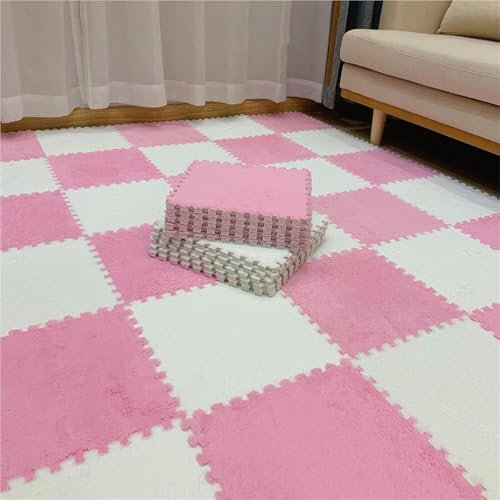 KLYso 36 Fliesen 30,5 X 30,5 X 1 cm, DIY Ineinandergreifende Teppichfliesen, Quadratische Schaumstoff-Puzzlematte, Flauschige Plüschschaum-Bodenmatte(Pink+White)