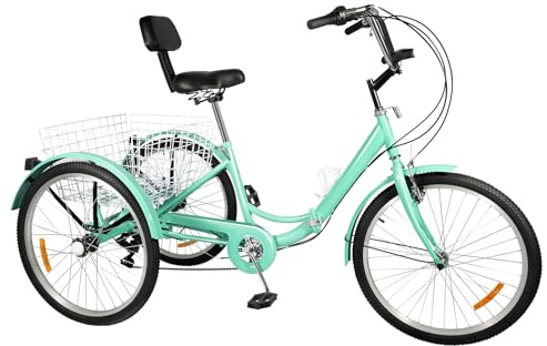 24 Zoll Klapprad Dreirad, Dreirad für Erwachsene,7 Gang Fahrrad Klappbar mit Korb, Rückenlehne und LED-Frontlicht Belastbarkeit 120kg Höhenverstellbar für Erwachsene, Senioren und Anfänger (Türkis)
