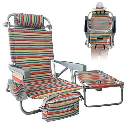 WKFAMOUT Rucksack Strandstuhl Klappbar mit Klapptisch 5 Position Verstellbarer Rückenlehne Niedrig Campingstuhl Gartenstuhl Klappstuhl mit Kühltasche Getränkehalter für Strand Garten Rot