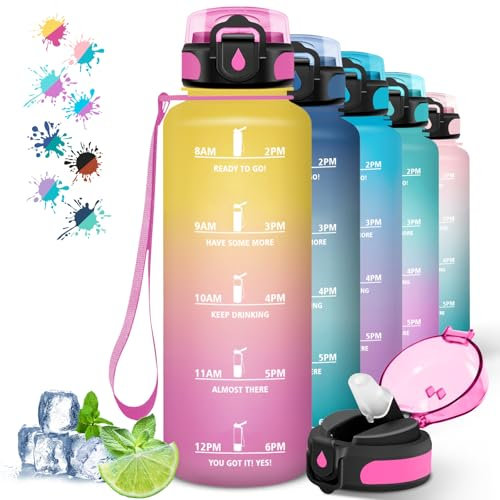 Borraccia da 15 l, con cannuccia, facile da pulire, per adulti, con indicatore di tempo, per corsa, campeggio, colore giallo e rosa