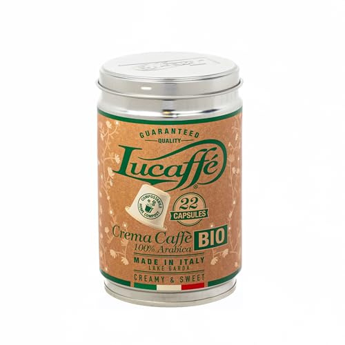 Lucaffè - Boîte à 22 capsules compostables compatible avec Nespresso machine a café, Crema Caffè Bio | Torréfaction foncé | Goût sucré et crémeux | Arôme intense