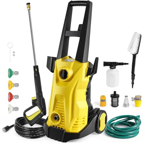 Idropulitrice Professionale 1500W, Pressione Massima 120 Bar, con Spazzola Triangolare, Tubo Alta Pressione 10m e 4 Ugelli, per Auto, Giardino e Pulizie Domestiche