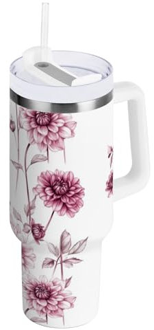 FRODOTGV Aesthetic Dahlia - Vaso aislado al vacío con tapa y popote, botella de agua de 40 onzas, para niñas, taza de café grande para senderismo, deportes, campamento