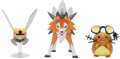 Pokémon Pack de 3 Figuras de Batalla Incluye Figuras de Batalla Ninjask y Dedenne de 5 cm y Lycanroc de 7,5 cm