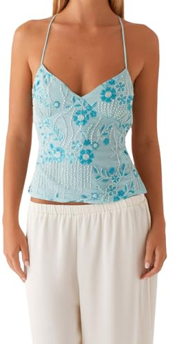Geagodelia Damen Neckholder Sequin Tank Top Sexy Sommer Trägertop Ärmellose Rückenfreies Glitzer Oberteil Blumen Cami Crop Tops Y2k Aesthetic Clothes Camisole Outfit