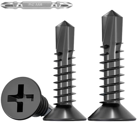 FandWay 80 Pièces Vis Autoforeuse Metal Noir,M4.2x38mm Vis à Tôle Autotaraudeses et Autoperceuse Autoperforante Inox 410 Cruciforme Tête Fraisée Plate pour Aluminium Bois Tôle Plastique.