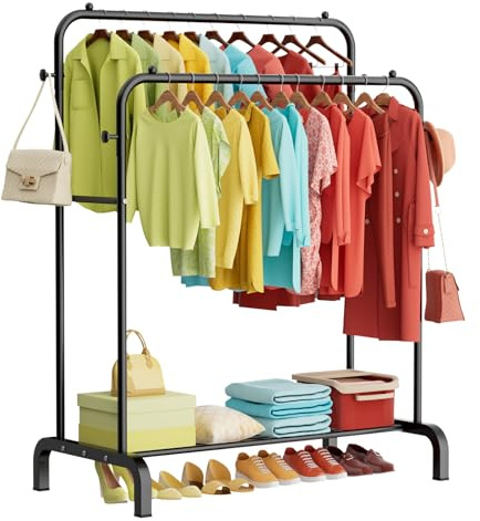 ZHKINGGS Clothes Rail: 90kg Capacity Metal Heavy Duty clothes rail, 4 Hooks for Bedroom/Laundry/Shop, Freestanding Wardrobe Organize