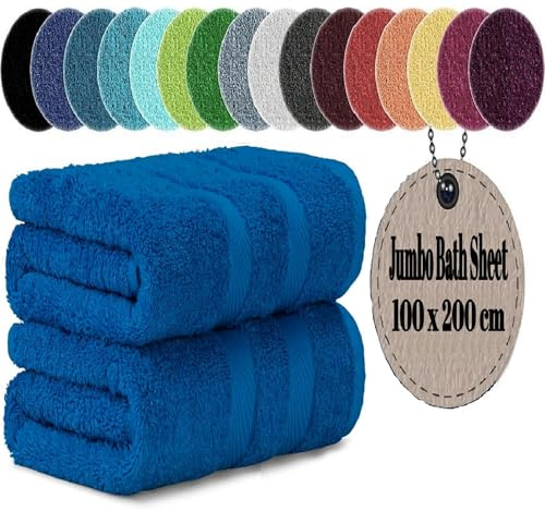 LoomTrove Pack of 2 Extra Large Jumbo Bath Sheets 100 x 200 cm 100% Egyptian Combed Cotton XL Towels Quick Dry Big Bath Sheet Super Soft Hotel Quality Towels Set (Blue)