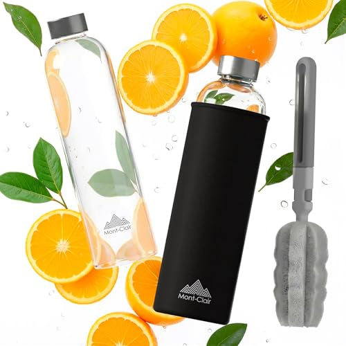 Kristal Glass Bottle Bottiglia Vetro 550ml, Anti-perdita Senza BPA, Sport | Borracia Borosilicato con Fodera in Neoprene, Bevande Calde e Fredde, Ideale per Viaggi, Rimani Idratato con Stile - Nero