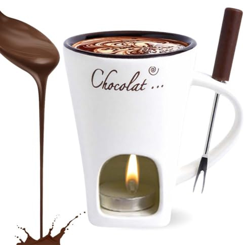 Meltie Cup, Chocolate Fondue Mug with Forks, Mini Simmer Melting Ceramic Cup Set for Chocolate Cheese & Desserts, Ideal Gifts for Date Nights Birthdays Anniversary Weddings(White)