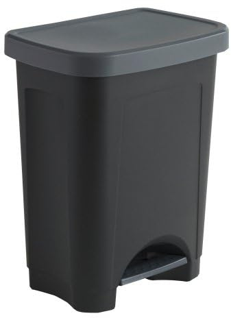 PRODIFA Poubelle plastique 50 litres rectangle à pédale, corps noir, couvercle gris