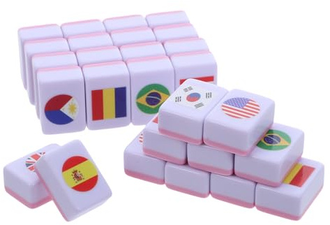 LALADEFIEE 64 Stück Flaggen Mahjong 2 Spieler Reise Brettspiel mit Melamin Spielsteinen Pädagogisches Geografie Memory für Erwachsene