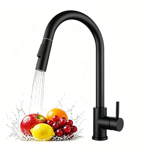 Kitchen Faucet with Pull Down Sprayer, Sink Faucet with Ceramic Cartridge, Stainless Steel Single Handle Sink Faucets for Farmhouse Camper RV Laundry (Black)