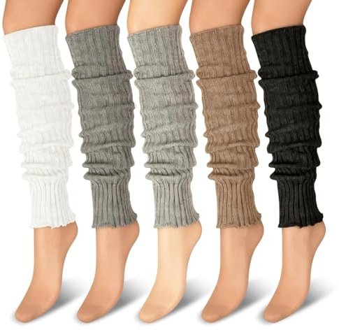 MOAZIFI 5 Paar Stulpen Damen, Stulpensocken Damen Leg Warmers Beinstulpen für Farben Milchweiß Schwarz Grau Khaki Dunkelgrau, Warmes Gestrick für Herbst Winter Alltag Yoga Tanz und Stiefel Kombination