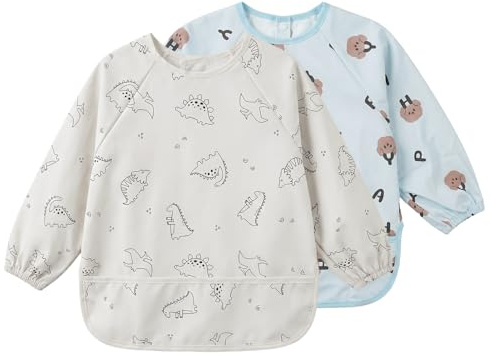 Daelesr 2 Pcs Bavoir Manches Longues Bebe, PU Imperméable, Tablier Repas Bébé 6-24 Mois, Bavoir Integral avec Grande Poche Récupératrice, pour Diversification Alimentaire Peinture Crèche Quotidie