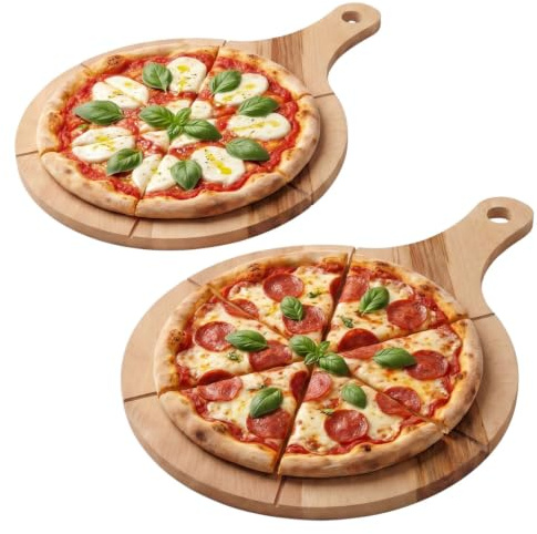 Ottido Pizzateller Holz 2er Set mit Griffen aus leichtes Buchenholz 33 cm | 33 cm, Schneidrillen, Erleichtert das Schneiden, Leicht zu reinigen, Hitzebeständig, Aufhängeloch, Für Pizza Snacks und Käse