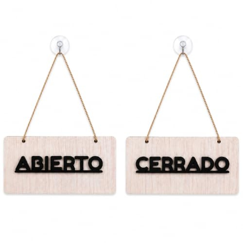 Olesea by Bulat Family - Cartello aperto chiuso in legno con ventosa trasparente, 18 x 8 cm, doppio lato per negozi, uffici e aziende, include cordino e ventosa, prodotto in Spagna