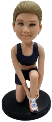 mydedor Figura 3D personalizada de cabeza bobblehead, figura femenina de fitness arrodillada atando cordones de zapatos, regalo de decoración deportiva personalizada para entusiastas del entrenamiento