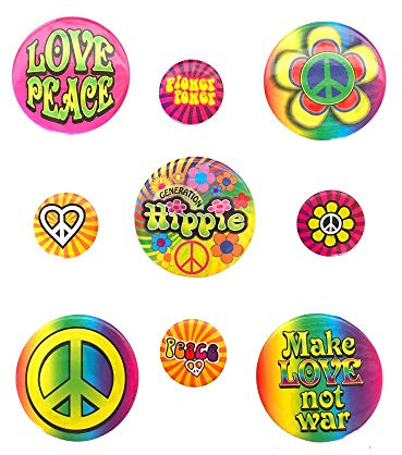 shoperama 9 Flower Power Hippie Anstecker Buttons Love Peace Blumen Kostüm-Zubehör 60er 70er Jahre