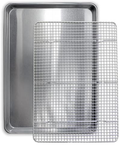 Commercial Quality Cookie Sheet and Rack - Aluminum Half Sheet Baking Pan and Stainless Steel Cooling Rack Set 13x18 Rust & Warp Resistant, Heavy Duty