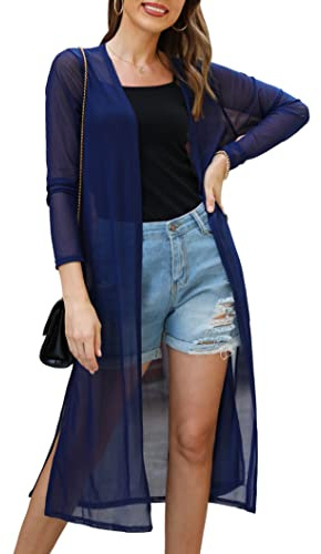 Gyabnw Bikini Cover Up Damen Chiffon Lang Badeanzug für Damen Sommer Pareos Offene Front Jacke Beachwear Strickjacke Cardigan Leicht Sommerjacke Bolero Elegant Sexy Outwear Strandkleid, Navy Blau M