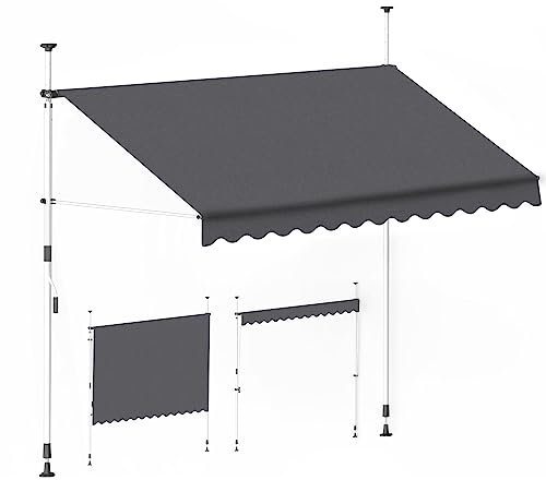 Novonova Manuelle Markise, Gelenkarmmarkise, Markise Balkon ohne Bohren, Sonnenschutz Balkonmarkise, Höhen-/neigungsverstellbare Markise, mit Kurbel, für Balkon/Terrasse (294cm, Dunkelgrau)