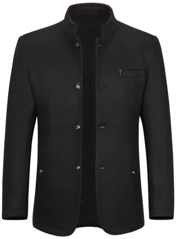 Allthemen Mens Winter Trench Coat Button Stand Collar Coat Black L