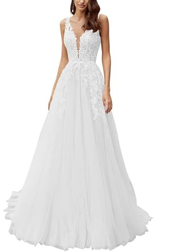 JAEDEN Damen Brautkleid A-Linie Prinzessin Hochzeitskleid Lang Tüll Standesamt Brautmode V-Ausschnitt Trauung Kleid Weiß 40
