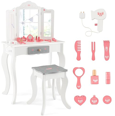 DREAMADE Coiffeuse Enfant Fille avec Tabouret,Table de Maquillage Enfant 3+ Ans avec Miroir Triptyque Amovible,Anti-Bascule,1 Tiroir,10 Accessoires en Bois,Coiffeuse Princess Tout-Petits,Blanc