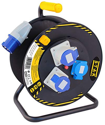 Satk Avvolgicavo Industriale 25 m – Spina industriale CEE e 2 Pres3 CEE + 1 Schuko, Interruttore Termico – Per Cantieri, Camper, Officine, Outdoor