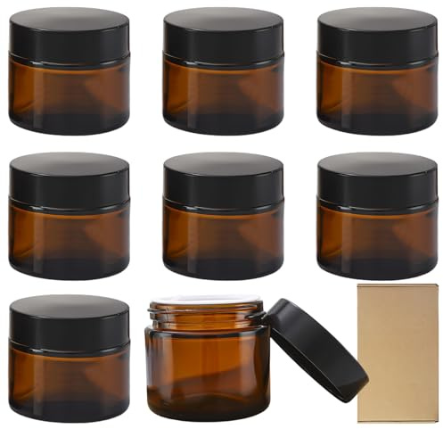 SPORWAY 8 Stück Kosmetisches Glas, 50ml Amber Glas Leerdose Cremedose Kosmetikbehälter Salbentiegel Nachfüllbare Probentöpfe mit Deckel und Liner für Kosmetik Cremes Lotionen Ätherische Öle