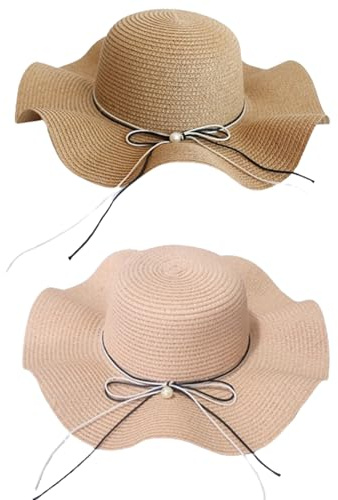 Femme Capeline Chapeau de Paille, 2 Pièces Femme Soleil Chapeau Été en Paille Femmes Chapeaux D'été Chapeau de Soleil à Bord Chapeau à Large Bord Casquettes pour Femmes(Kaki, Rose)