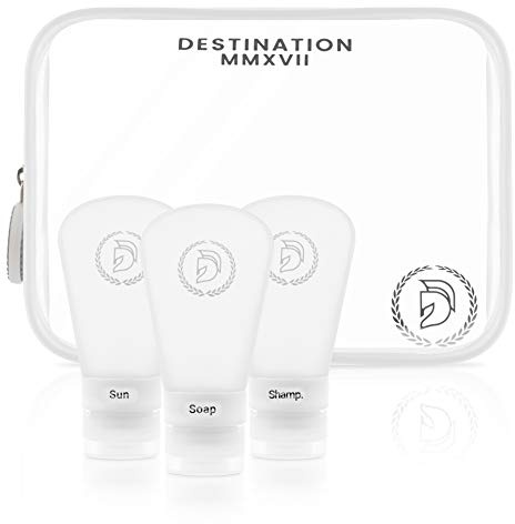 Durchsichtiger 1L Kulturbeutel mit 3 Reisefflaschen - Handgepäck-Flugzeugbeutel für Flüssigkeiten (max. 100ml) - Transparente Kulturtasche - Praktisches Reiseset