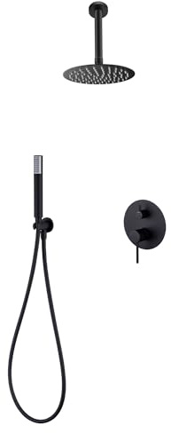 IMEX - Ducha Empotrada Techo Negra Monomando | Kit de Grifería Empotrado con Alcachofa y Rociador Antical Efecto Lluvia | Columna Ducha Empotrada con Grifo en Latón y Acero Inox S.304 | Serie Tívoli