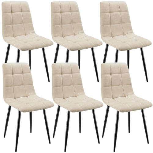 ANVOFONG Set Di 6 Sedie Da Pranzo,Sedia Da Cucina Con Piedi In Metallo Nero,Sedie Imbottite Con Tessuto Di Lino,Sedia Da Camera Da Letto Salotto Soggiorno,Beige