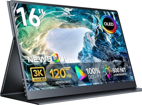 Newsoul 16 Inch 3K OLED Portable Monitor 120Hz, 100% DCI-P3, 500 nits, 1ms Response, Second screen with Mini HDMI & Type-C Port for for Laptop PC Phone