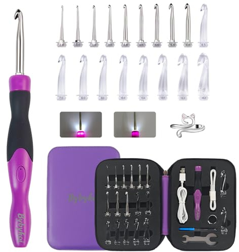Beleuchtetes Häkelnadel-Set in 18 Größen, 2,0 mm ~ 14,0 mm, wiederaufladbare LED-Häkelnadel mit austauschbarem Kopf, für Anfänger, Strickset, Geschenke