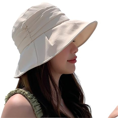 HIQIU Sommer Bucket Hat Damen Sonnenhut mit Breite Krempe und Kinnband - Faltbar Fischerhut Damen Schlapphut für Outdoor Reisen Strand (DE/NL/SE/PL, Alphanumerisch, Einheitsgröße, M, Beige)