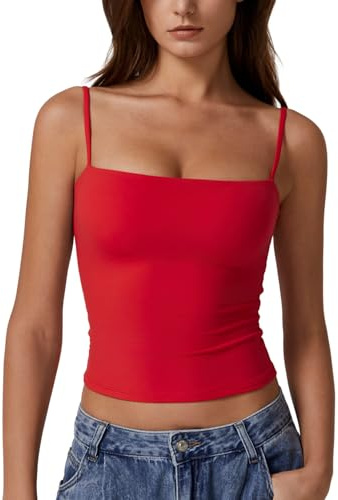 QINSEN Camisole Tops for Women Sleeveless Crop Top Adjustable Spaghetti Strap Basic Undershirt Red M