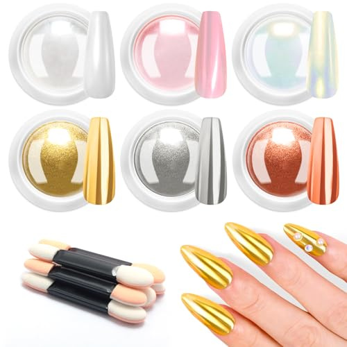 BISHENGYF Gold Chrome Nail Powder - Metallic Gold Silber Orange Spiegeleffekt Crome Pulver Nägel, Weiße Perle Chrome Powder Nails Pink Irisierendes Meerjungfrau-Glitzerstaub-Set, Nagelkunst-Dekoration