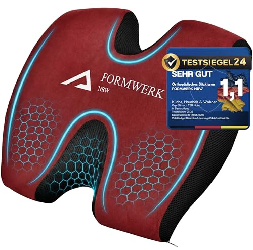 FORMWERK NRW Orthopädisches Sitzkissen mit Doppel-Aussparung – 47D Premium Memory Schaum – Ergonomische Entlastung für Steißbein, Hüfte & Wirbelsäule – OEKO-TEX-100 - Testsieger 2025 (Rot)
