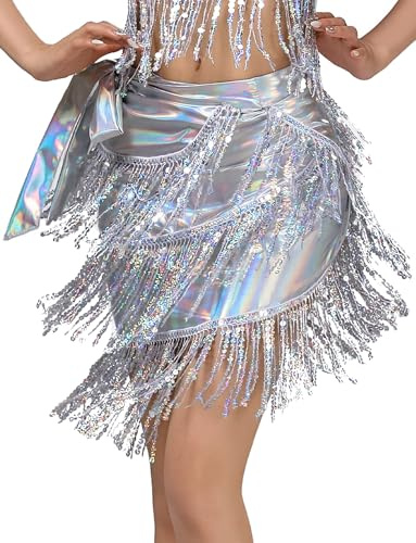 SEAUR Falda latina para mujer, bailando con flecos, metálica, para danza del vientre, de charol, falda de baile, talla única, plata, Talla única
