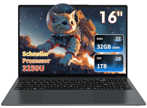 Auusda Laptop 16 Zoll,Dual-Core 3250U Prozessor(Bis zu 3.5GHz),32 GB DDR4 RAM 1TB SSD, 16 Zoll Full HD Display with Kameraverschluss,USBx3,USB Typ C,HDMI,Micro SD Card Slot,Student/Business Notebook